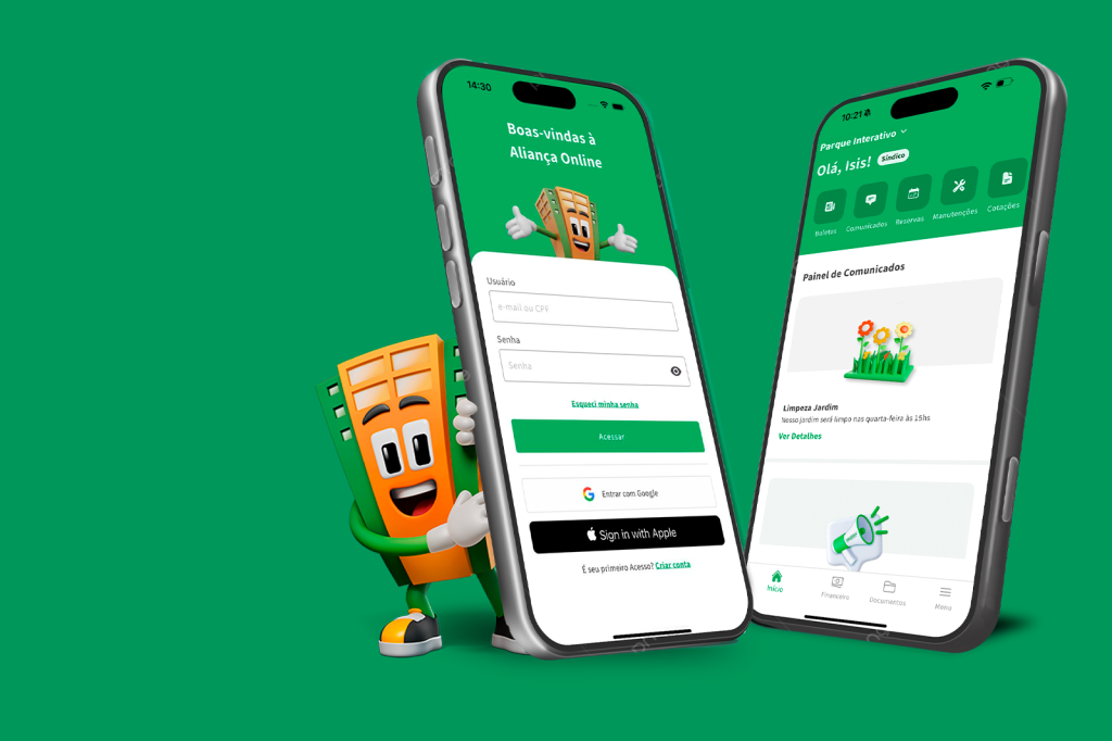 Sindi mostrando o novo aplicativo da Aliança Condomínios Portal Aliança